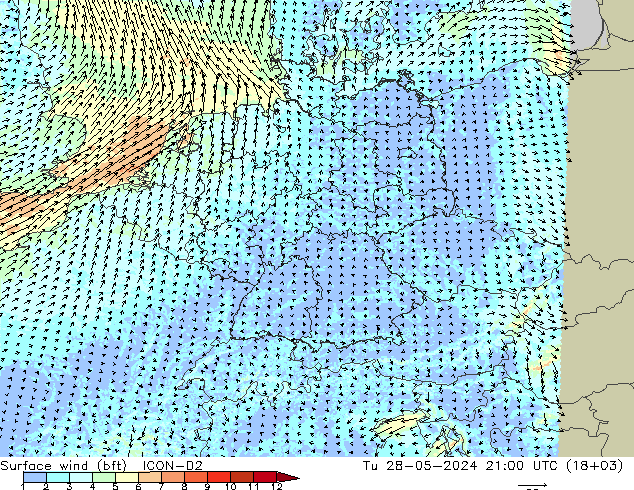Surface wind (bft) ICON-D2 Tu 28.05.2024 21 UTC