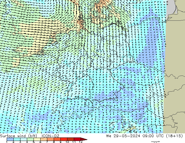 Surface wind (bft) ICON-D2 We 29.05.2024 09 UTC