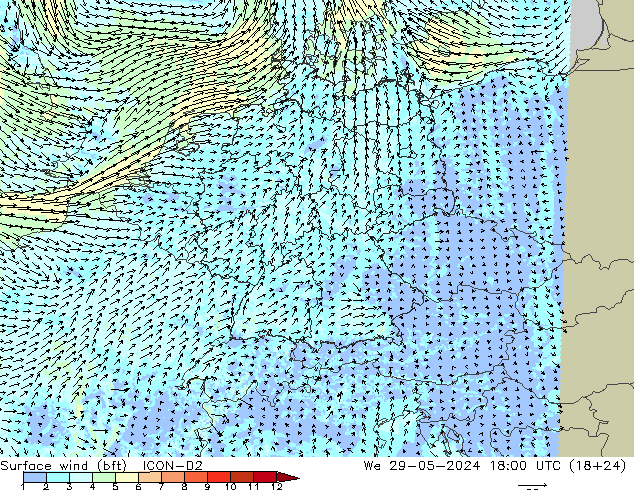 Vento 10 m (bft) ICON-D2 Qua 29.05.2024 18 UTC