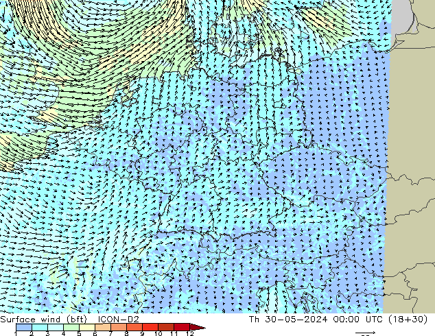 ве�Bе�@ 10 m (bft) ICON-D2 чт 30.05.2024 00 UTC