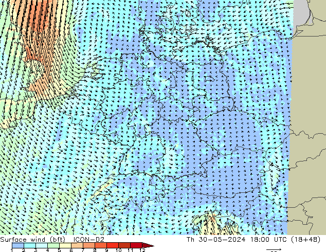 Surface wind (bft) ICON-D2 Th 30.05.2024 18 UTC