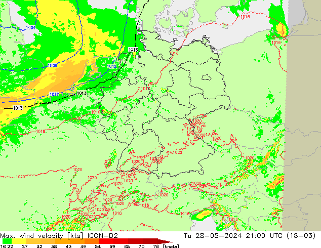 Max. wind velocity ICON-D2 вт 28.05.2024 21 UTC