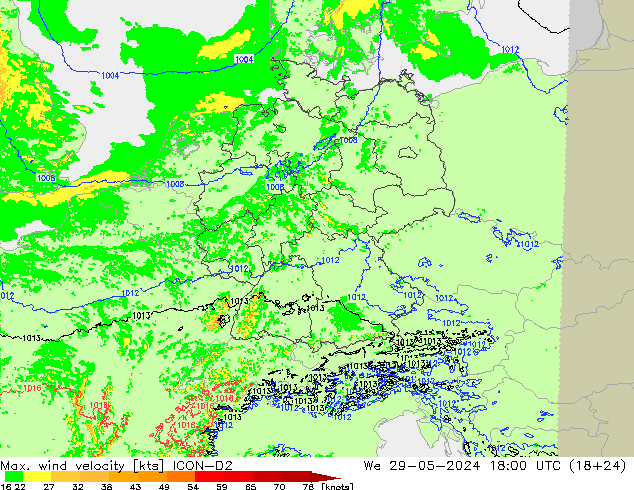 Max. wind velocity ICON-D2 We 29.05.2024 18 UTC