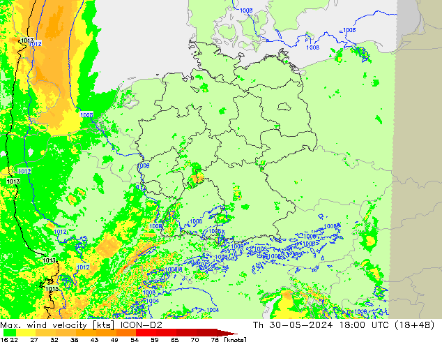 Max. wind velocity ICON-D2 jeu 30.05.2024 18 UTC