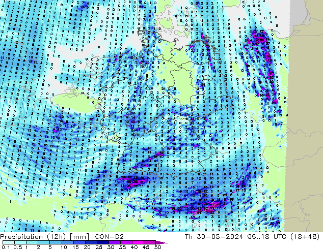 Precipitation (12h) ICON-D2 Čt 30.05.2024 18 UTC