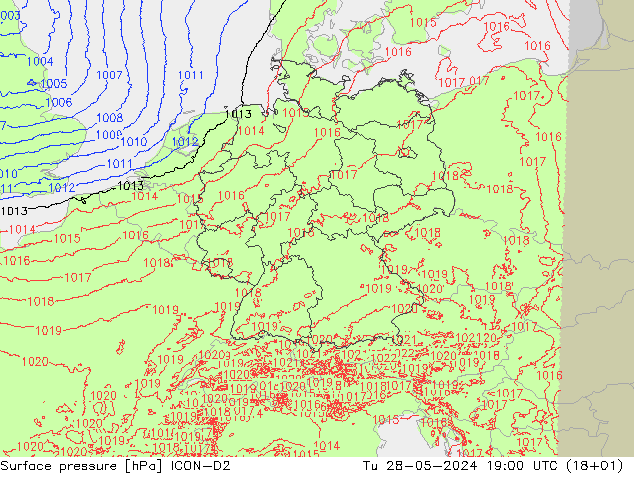 Atmosférický tlak ICON-D2 Út 28.05.2024 19 UTC