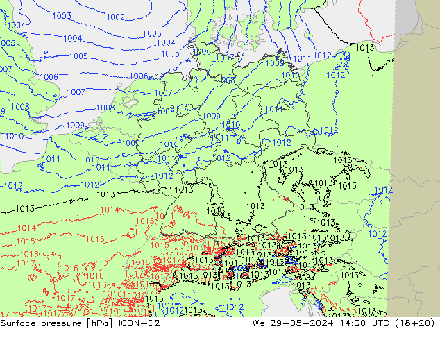 Surface pressure ICON-D2 We 29.05.2024 14 UTC