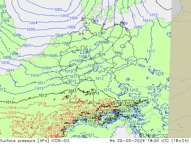 Pressione al suolo ICON-D2 mer 29.05.2024 18 UTC