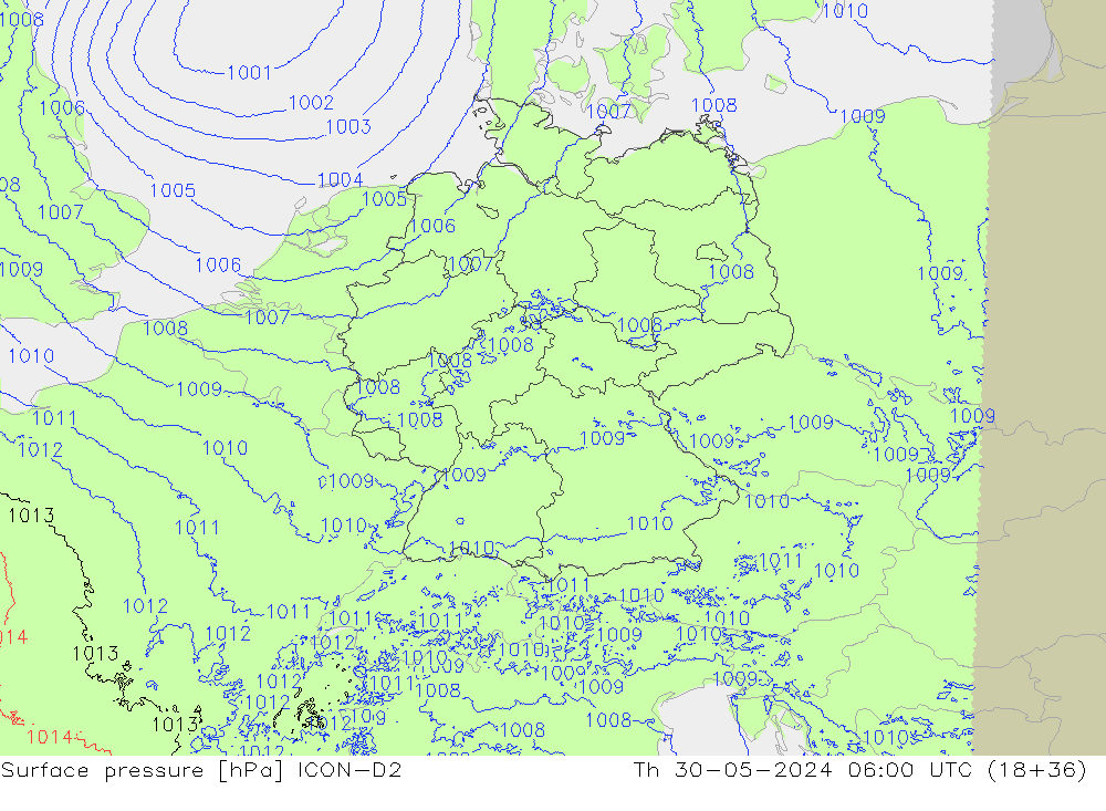 приземное давление ICON-D2 чт 30.05.2024 06 UTC