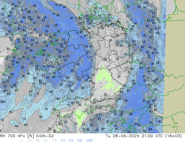 RH 700 hPa ICON-D2 mar 28.05.2024 21 UTC