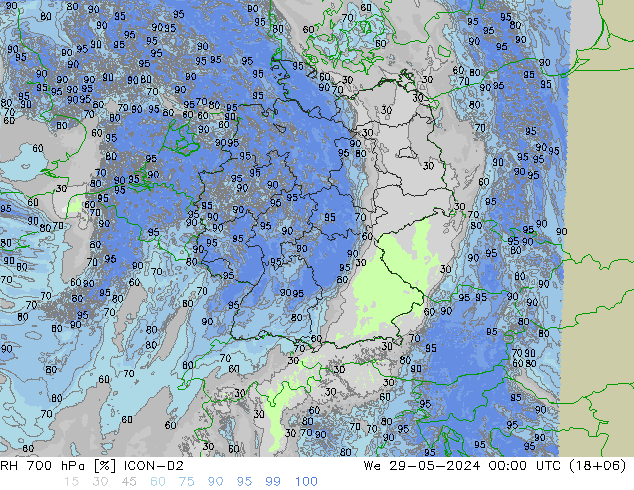 Humidité rel. 700 hPa ICON-D2 mer 29.05.2024 00 UTC