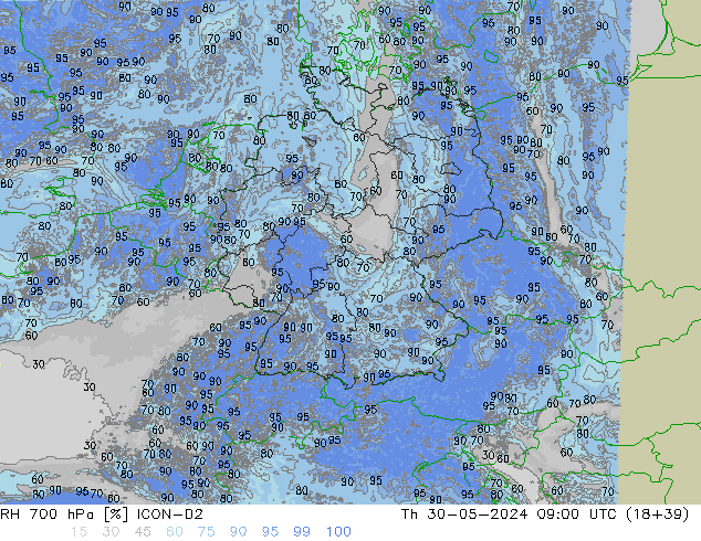 RH 700 hPa ICON-D2 Th 30.05.2024 09 UTC