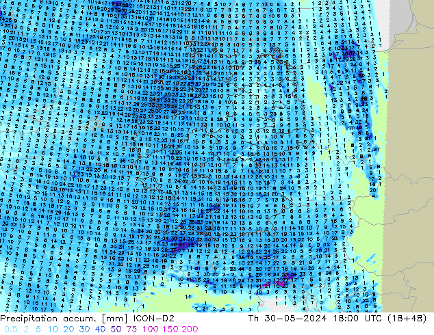 Precipitation accum. ICON-D2 Th 30.05.2024 18 UTC