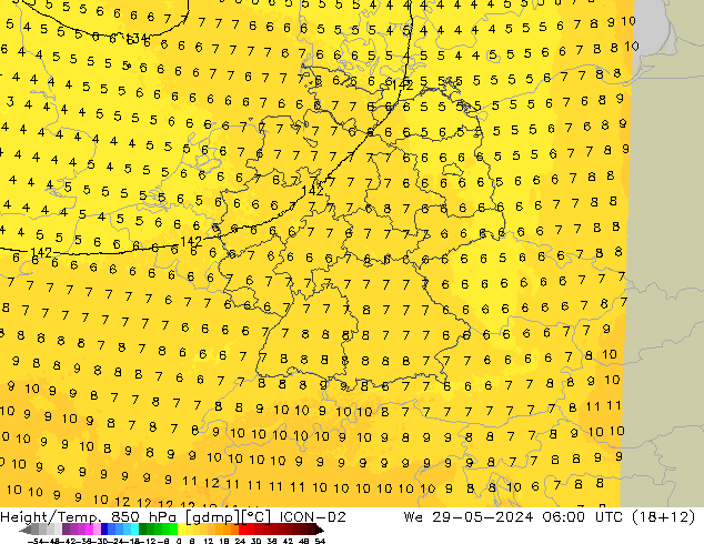 Height/Temp. 850 hPa ICON-D2 Mi 29.05.2024 06 UTC