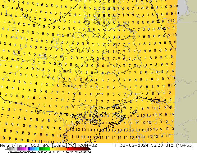 Height/Temp. 850 hPa ICON-D2  30.05.2024 03 UTC