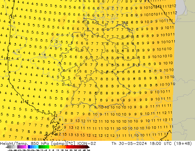 Height/Temp. 850 hPa ICON-D2 gio 30.05.2024 18 UTC