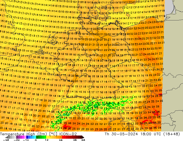 Max.temperatuur (2m) ICON-D2 do 30.05.2024 18 UTC