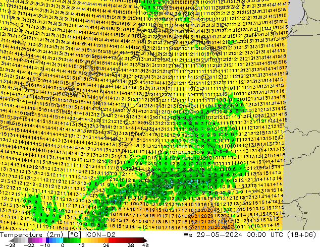 Temperaturkarte (2m) ICON-D2 Mi 29.05.2024 00 UTC