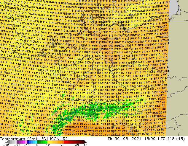 Temperatura (2m) ICON-D2 jue 30.05.2024 18 UTC