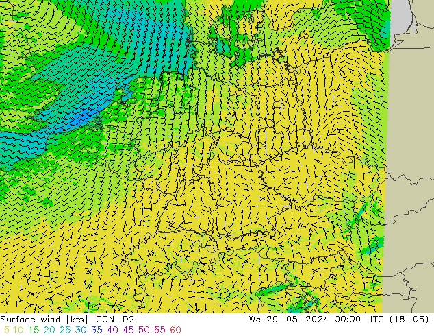 Surface wind ICON-D2 We 29.05.2024 00 UTC