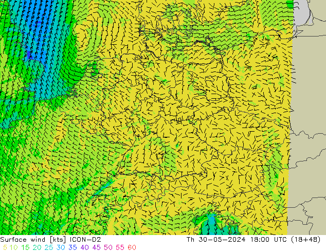 Surface wind ICON-D2 Čt 30.05.2024 18 UTC