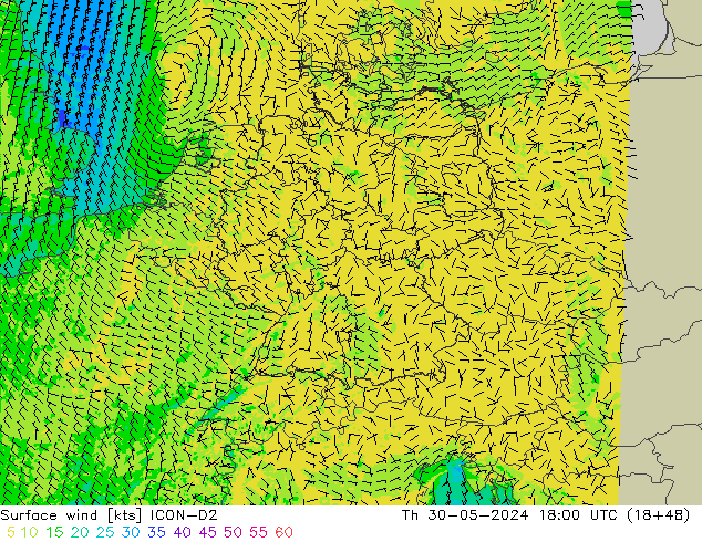 Vento 10 m ICON-D2 Qui 30.05.2024 18 UTC