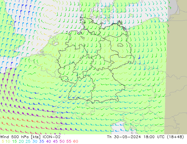 Wind 500 hPa ICON-D2 do 30.05.2024 18 UTC