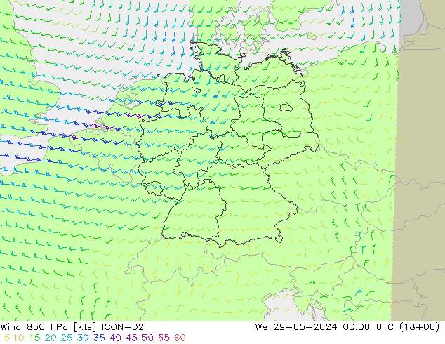 Wind 850 hPa ICON-D2 We 29.05.2024 00 UTC