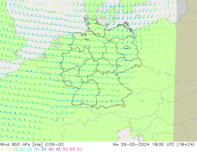 Wind 850 hPa ICON-D2 Mi 29.05.2024 18 UTC