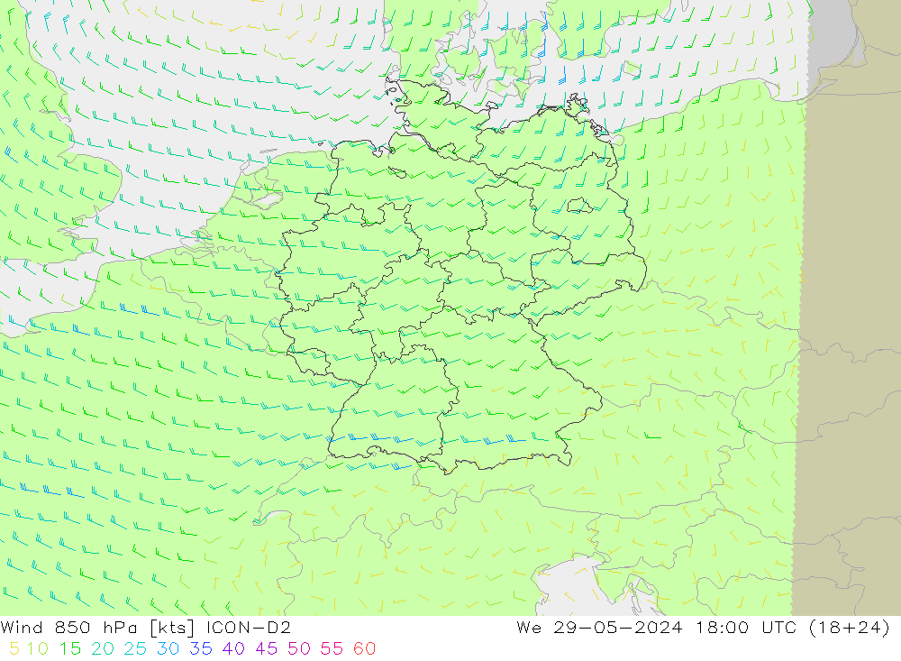 Wind 850 hPa ICON-D2 We 29.05.2024 18 UTC