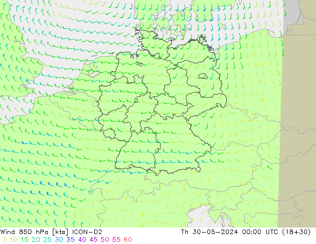 Viento 850 hPa ICON-D2 jue 30.05.2024 00 UTC