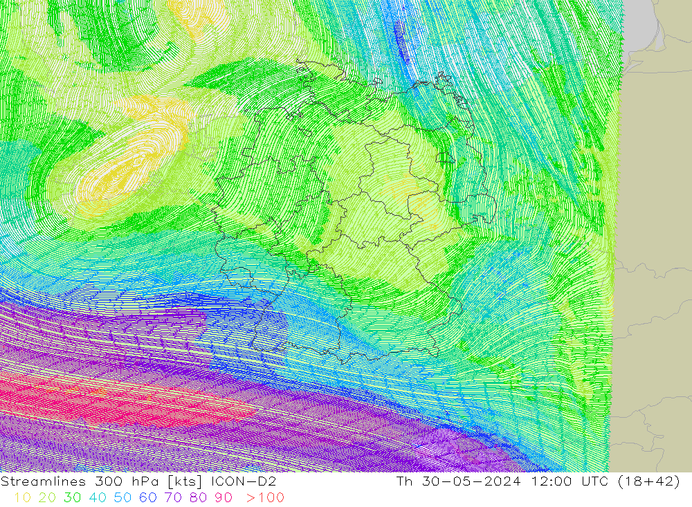 Linha de corrente 300 hPa ICON-D2 Qui 30.05.2024 12 UTC