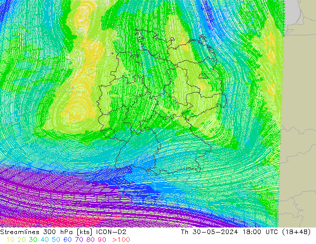 Streamlines 300 hPa ICON-D2 Čt 30.05.2024 18 UTC