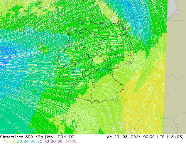 Stromlinien 500 hPa ICON-D2 Mi 29.05.2024 00 UTC