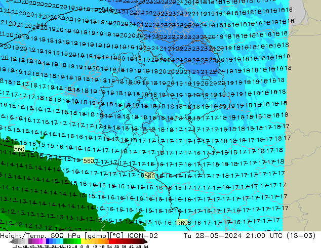 Height/Temp. 500 hPa ICON-D2 Tu 28.05.2024 21 UTC