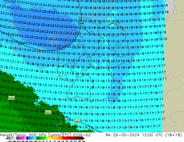 Height/Temp. 500 hPa ICON-D2 St 29.05.2024 12 UTC