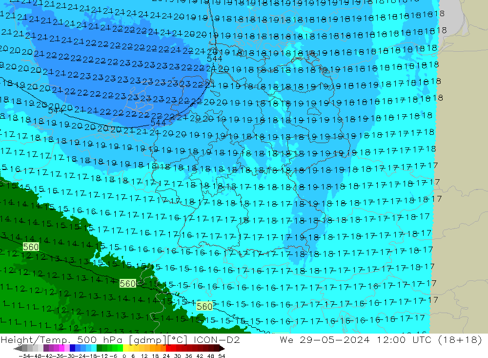 Height/Temp. 500 hPa ICON-D2 We 29.05.2024 12 UTC