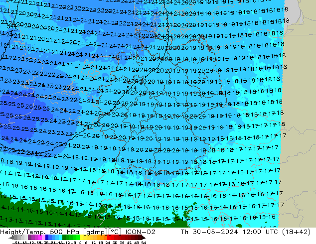 Height/Temp. 500 hPa ICON-D2 Th 30.05.2024 12 UTC