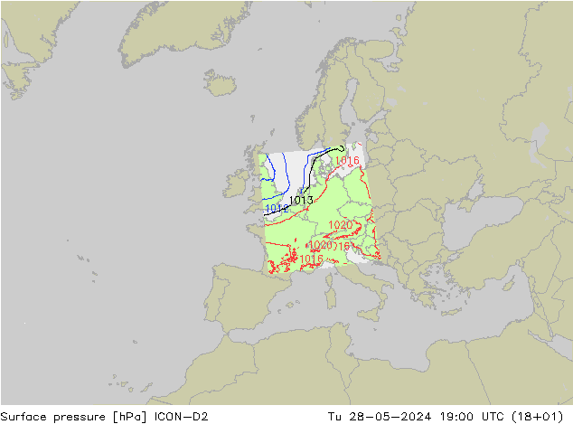 Surface pressure ICON-D2 Tu 28.05.2024 19 UTC