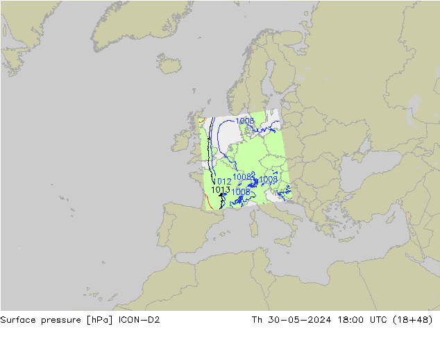 Presión superficial ICON-D2 jue 30.05.2024 18 UTC