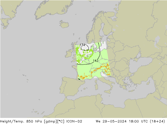 Geop./Temp. 850 hPa ICON-D2 mié 29.05.2024 18 UTC