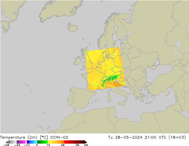 Temperature (2m) ICON-D2 Tu 28.05.2024 21 UTC