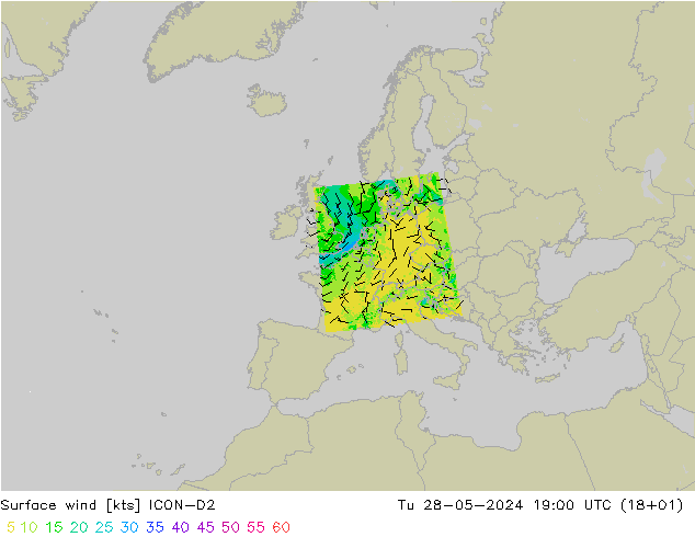 Viento 10 m ICON-D2 mar 28.05.2024 19 UTC