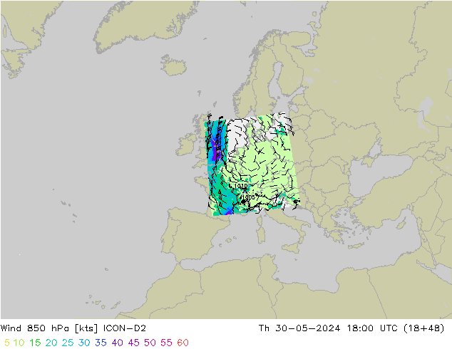 Wind 850 hPa ICON-D2 Čt 30.05.2024 18 UTC