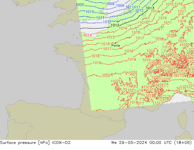 Surface pressure ICON-D2 We 29.05.2024 00 UTC