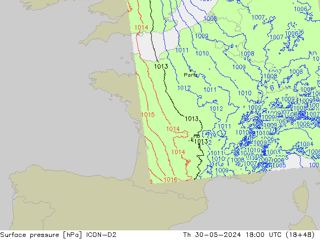 Atmosférický tlak ICON-D2 Čt 30.05.2024 18 UTC