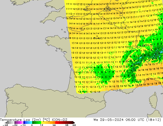 Temperatura mín. (2m) ICON-D2 mié 29.05.2024 06 UTC