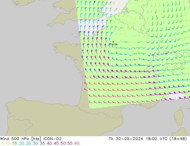 Wind 500 hPa ICON-D2 do 30.05.2024 18 UTC