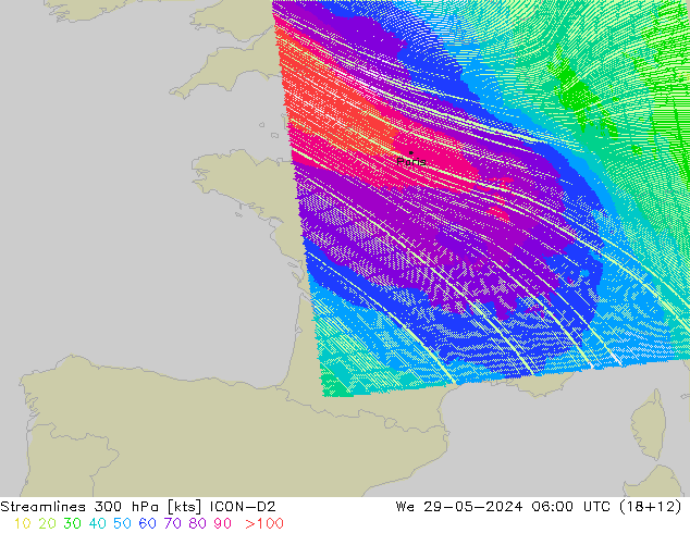 ветер 300 гПа ICON-D2 ср 29.05.2024 06 UTC