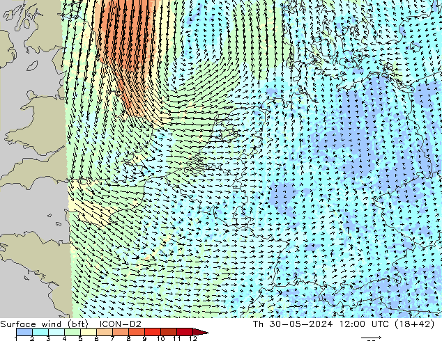 wiatr 10 m (bft) ICON-D2 czw. 30.05.2024 12 UTC